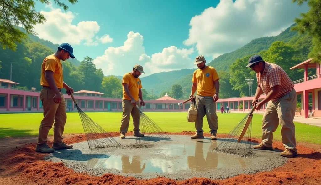 Wrote a Text on the image - cement cricket pitch making, create 16:9 YouTube thumbnail cement cricket pitch making, background greeny cricket stadium in rainbow colours, village style, 4people working on main pitch , one with bottle of water, another person sprinkling water, another person with cement , another person bat and ball in hand, with beautiful background colours, attractive letter on the Image, write Cement cricket pitch making on the generated image . plz make the heading as cricket pitch making 