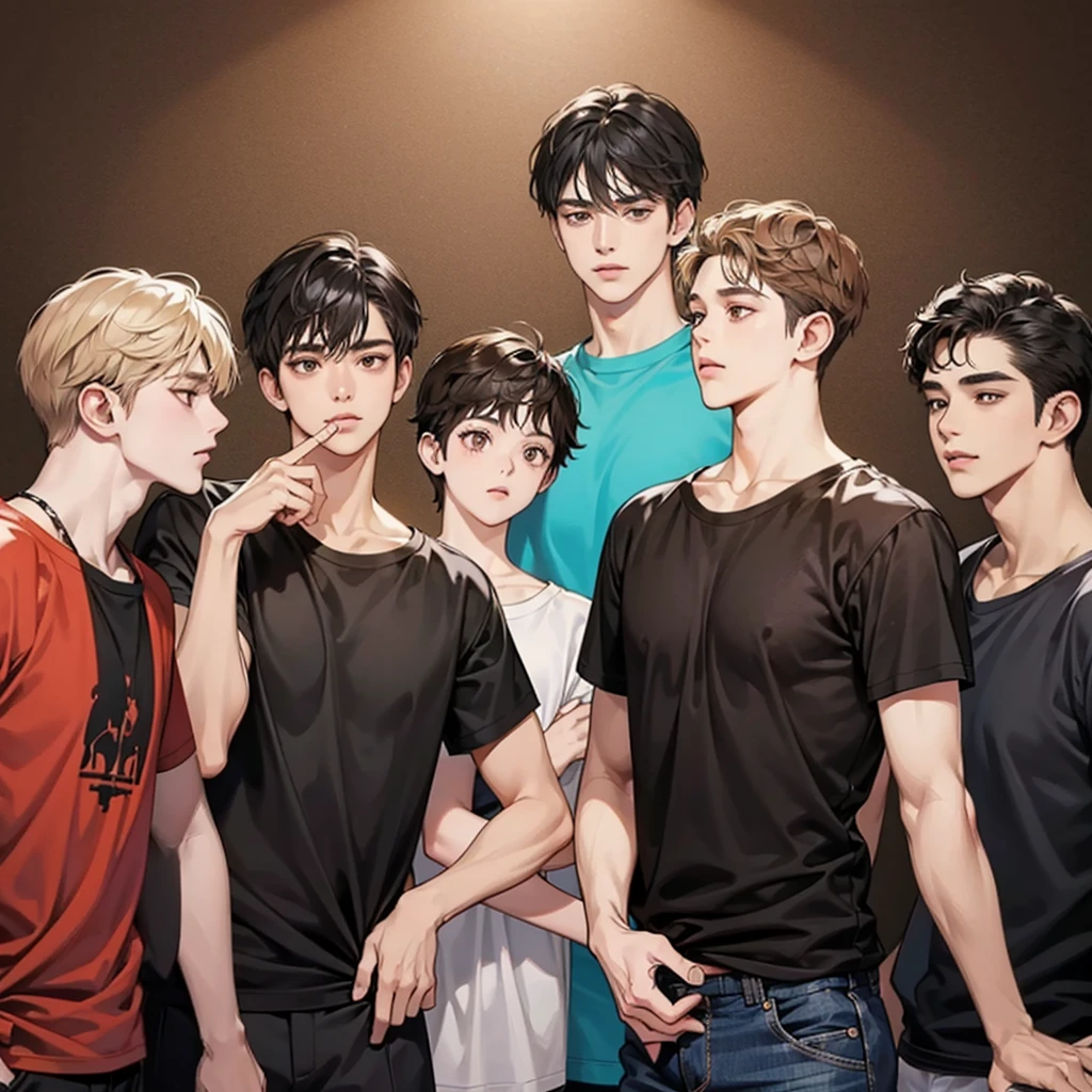 Four boys, black hair, brown eyes, brown background, high resolution, brown hair, stand in a line.., Wear a t-shirt, shut your mouth, handsome, cool,มองตรง,ครึ่งตัว