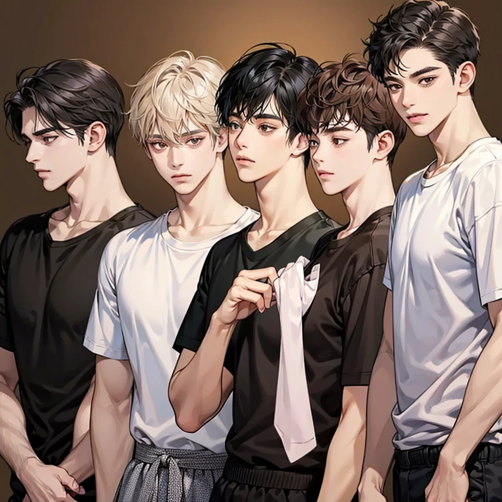 Four boys, black hair, brown eyes, brown background, high resolution, brown hair, stand in a line.., Wear a t-shirt, shut your mouth, handsome, cool,มองตรง,ครึ่งตัว