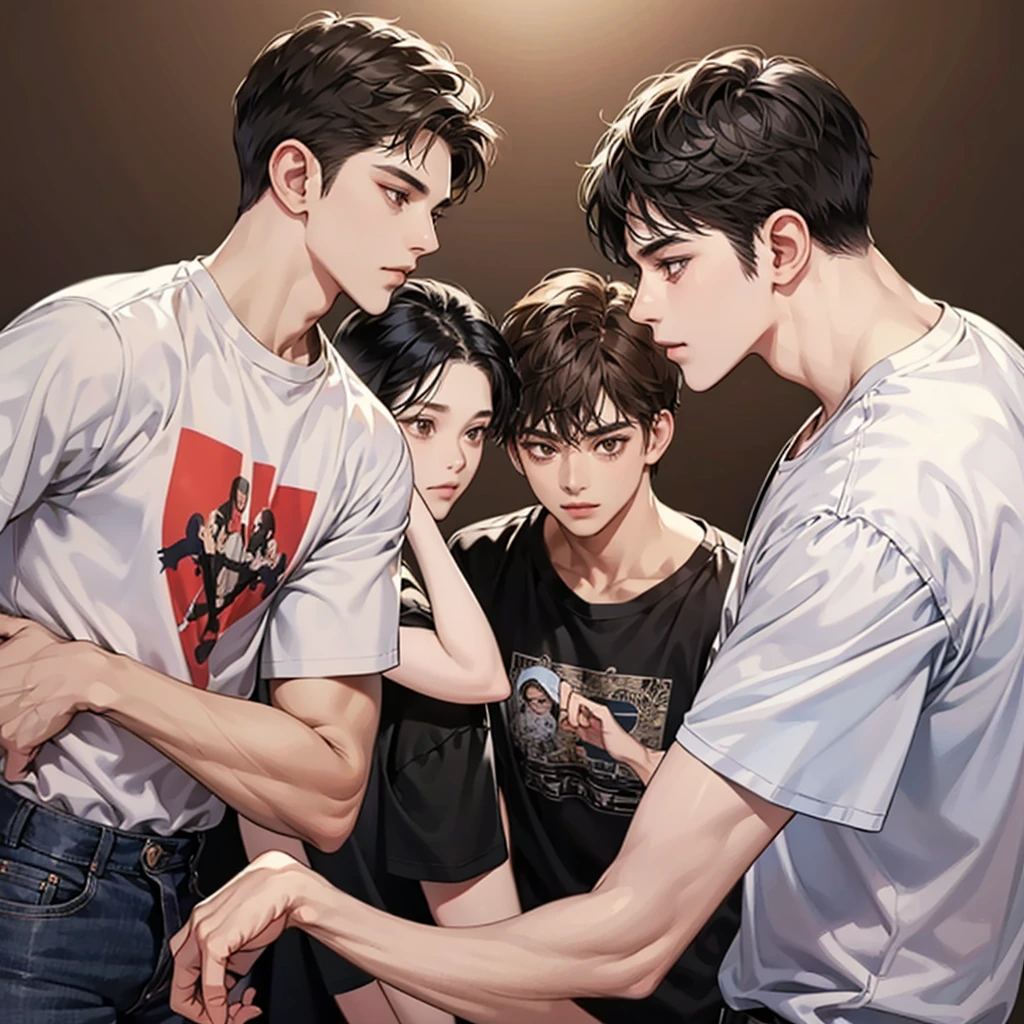 Four boys, black hair, brown eyes, brown background, high resolution, brown hair, stand in a line.., Wear a t-shirt, shut your mouth, handsome, cool,มองตรง,ครึ่งตัว