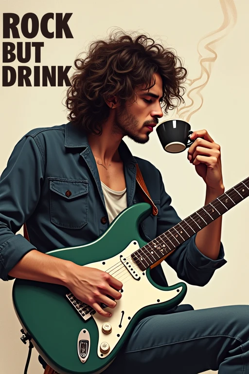 a man with long curly hair is playing an electric guitar but while drinking coffee, there is writing "ROCK BUT DRINK"
