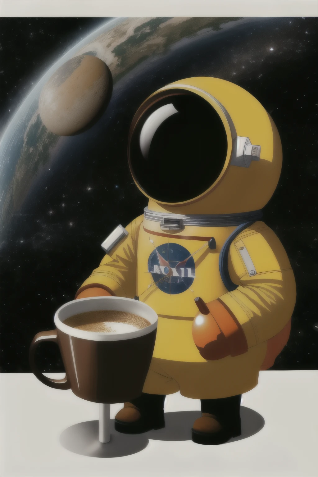 create a drawing of a geek astronaut holding a coffee mug