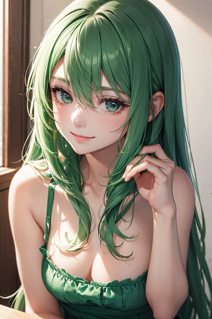 Best Quality,High resolution,8k,finelity detailed background,Masterpiece:1.2),beautiful girl,Shiny green hair,messy hair,Green Eyes,Gentle look,A refreshing look,smile,Best quality,Best Quality,Aesthetic and aesthetic:1.2,Best details((Super detailed))(High-definition CG illustrations),summer uniform,Slender body,Inside the room,smile,blush,cute,Scrounge,Looking up,Being spoiled,super model