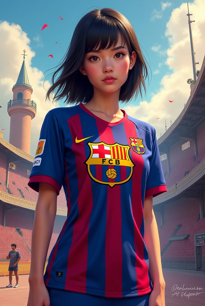 Ayane wearing a Barcelona shirt