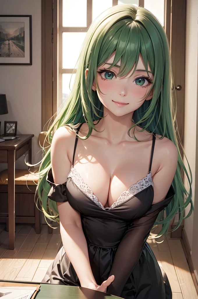 Best Quality,High resolution,8k,finelity detailed background,Masterpiece:1.2),beautiful girl,Shiny green hair,messy hair,Green Eyes,Gentle look,A refreshing look,smile,Best quality,Best Quality,Aesthetic and aesthetic:1.2,Best details((Super detailed))(High-definition CG illustrations),summer uniform,Slender body,Inside the room,smile,blush,cute,Scrounge,Looking up,Being spoiled,super model