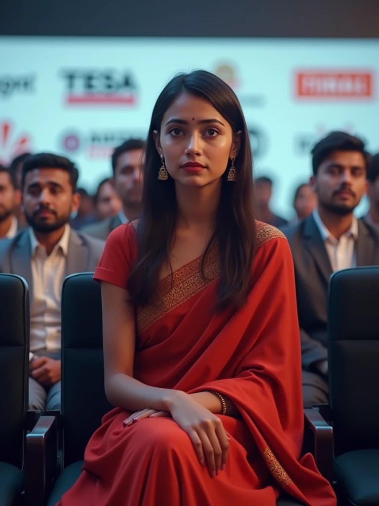 20 years old Indian beautiful girl is she is wearing a red saree and sitting in a place she is crying.behind him, there is a blurred background with a white banner containing logos and text, indicating a professional or conference setting. The overall scene is vibrant and dynamic, capturing the energy of a live presentation.