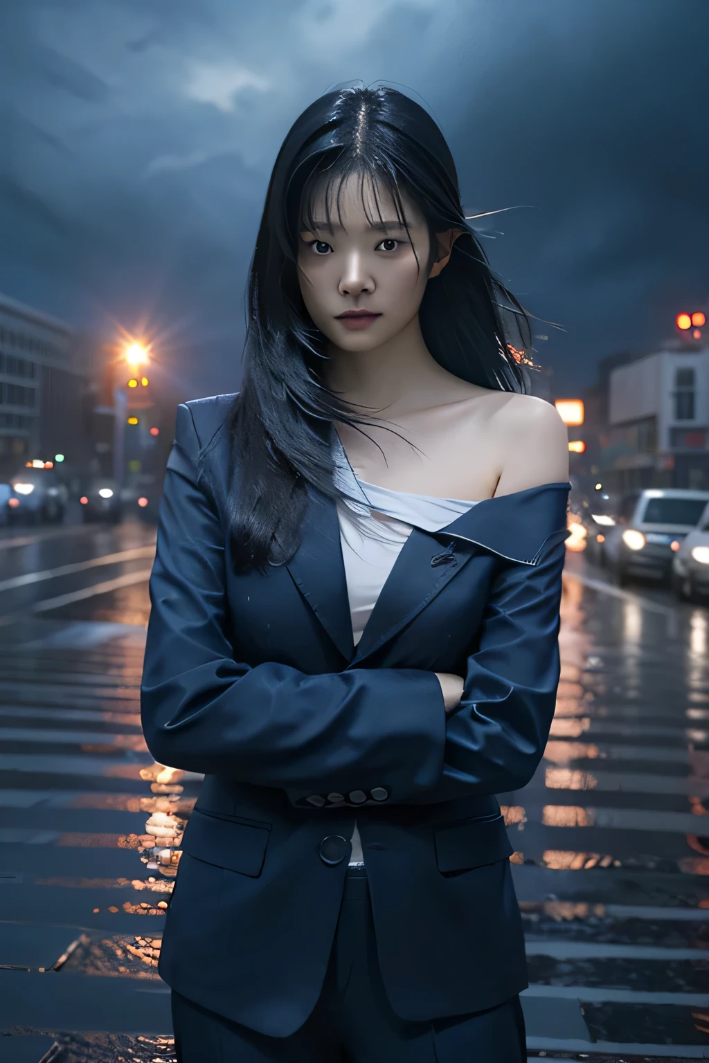 Best quality, masterpiece, ultra high res, (photorealistic:1.4), raw photo, korean girl, cinematic lighting, ((off shoulder)), ((dark blue blazer)), long straight hair, ((bangs)), necktie, trousers, crossed arms, shibuya crossing, dark clouds, (typhoon heavy rain), strong wind effect, full body