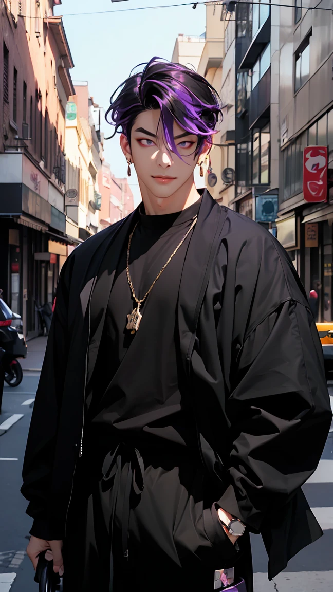 highest quality, 8K, high resolution image, anime style Jujutsu Kaisen, (Iori_suiseki), detailed strokes, bored look , blurred, purple light reflecting from it, (close angle), 1 man, young, male, model, hand in pocket, cool guy, multicolored Background with various geometric shapes, around stickers, muscular,Black hair, purple eyes, multicolored hair, purple hair, hair between eyes, highlighted hair ,swollen chest, a black modern suit, black gloves, sweatpants, golden link necklace, Background: big City, Streets, Park, People, blue sky, Cars, Bike