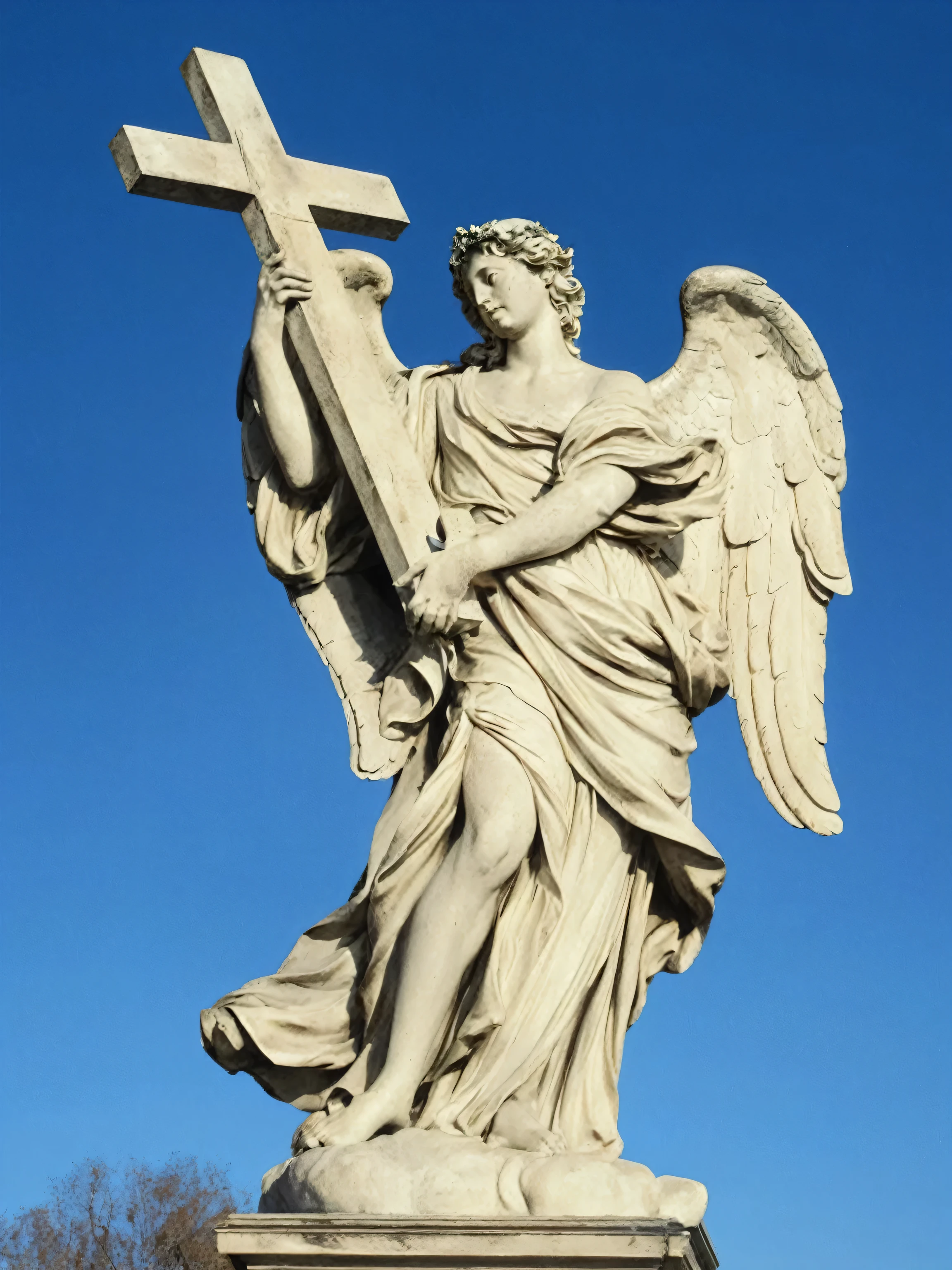 Metallic Angel holding cross with black background, surreal, super real, photo realism.