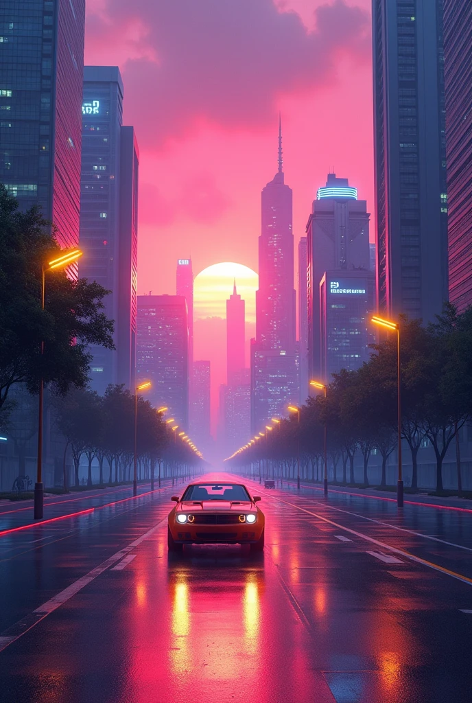 The image shows an urban scene with a retro-futuristic style, set at sunset or sunrise. A road is observed with a car in the center moving towards a city with tall, modern skyscrapers. The sky is pink and purple, And the sunlight, which is almost on the horizon, gently illuminates the scene. The city lights and lamps along the road emit a blue and yellow neon glow, accentuating the futuristic atmosphere. The image has an art style reminiscent of 1980s video games, with a focus on the contrast of bright colors and a technological environment.  
A little more realistic