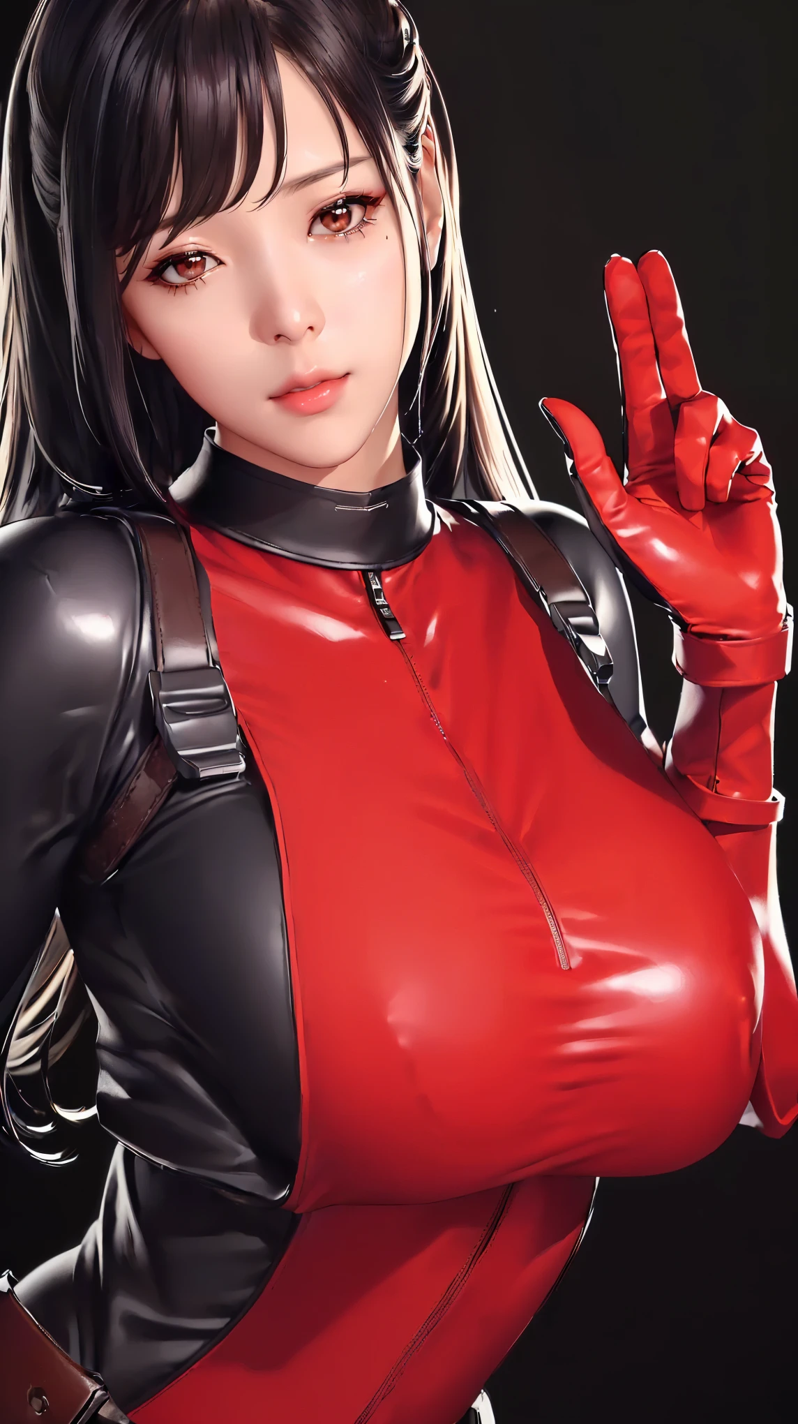 (((Perfect body,White and tender skin,(((BodySuit_lady_deadpool_ownwaifu,bodysuit, skin tight, superhero, Belt Pouch, utility belt, red bodysuit, gloves, weapon on back, thigh pouch, thigh strap, thigh holster, belt buckle, turtleneck, ))),(((ailisha,Black long hair, super long hair, slanted bangs, brown eyes, red lips))),((masterpiece)),high resolution, ((Best quality at best)),masterpiece,quality,Best quality,((( Exquisite facial features,Looking at the audience,There is light in the eyes,Smile))),Open your hands))),(((Light and shadow,Huge breasts,))),(((Looking at the camera,black background,)))),
