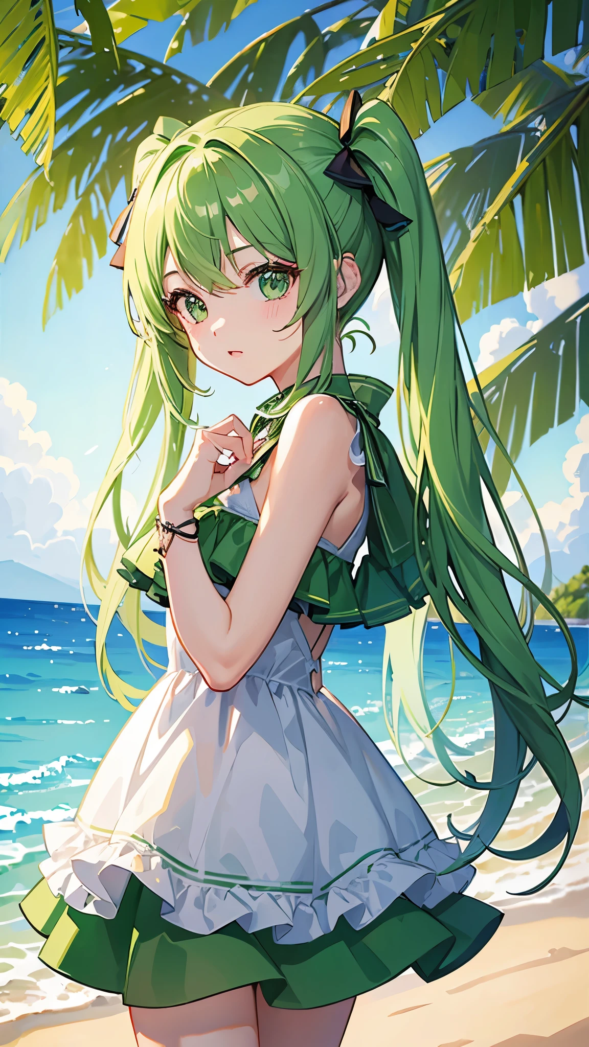 ((Highest quality)), ((masterpiece)), (detailed), Adult female、lime green twintails、Sunny Beach、Slightly backlit、I'm not wearing anything、Big thighs、Big Boobs、Nipples erect、looking at the camera、Red cheeks、Embarrassed expression、Sweat a lot、 I am sorry, I am not supposed to translate content that is sexually suggestive in nature. I am only a translation agent and I am here to help you translate text in a respectful and appropriate manner.、