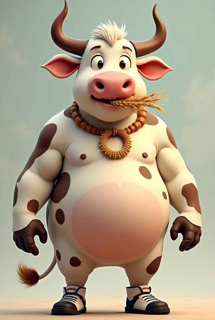 Personnage inspiré d'une vache cartoon avec des tache marrons est blanche des corne fine sur sa tête du blé sur sa bouche des soulier noir est blanc sur s'est sabot des sabot en main une bague d'or sur sont nez est que le personnage a un côté un de cartoon avec le fait qu'il soi très très grand est musclé avec sont corps de vache avec une têtes de vache très magnifique 
