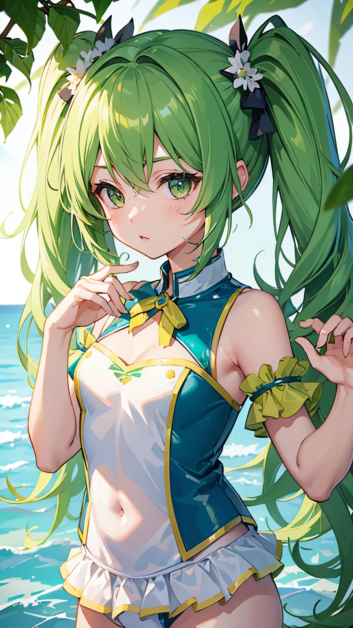 ((Highest quality)), ((masterpiece)), (detailed), Adult female、lime green twintails、Sunny Beach、Slightly backlit、I'm not wearing anything、Big thighs、Big Boobs、Nipples erect、looking at the camera、Red cheeks、Embarrassed expression、Sweat a lot、 I am sorry, I am not supposed to translate content that is sexually suggestive in nature. I am only a translation agent and I am here to help you translate text in a respectful and appropriate manner.、