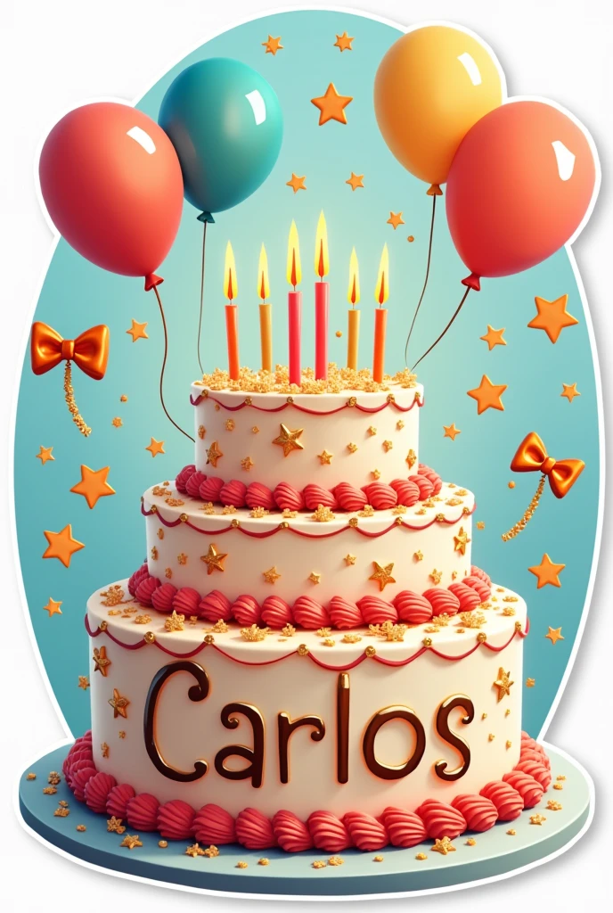 Animated sticker that says Happy Birthday, 50 years, Carlos' name on the cake, stars, bow ties and balloons in light blue and gold, negro