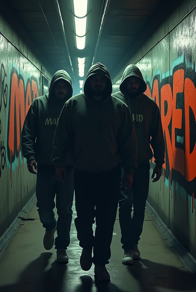 Dark subway with graffiti that says MAD RED and 3 men walking, The 3 men's faces are not visible because they have sports hoodies that cover part of their features, one of the men is very fat, The remaining two are thin, On a wall it says MAD RED in Graffiti