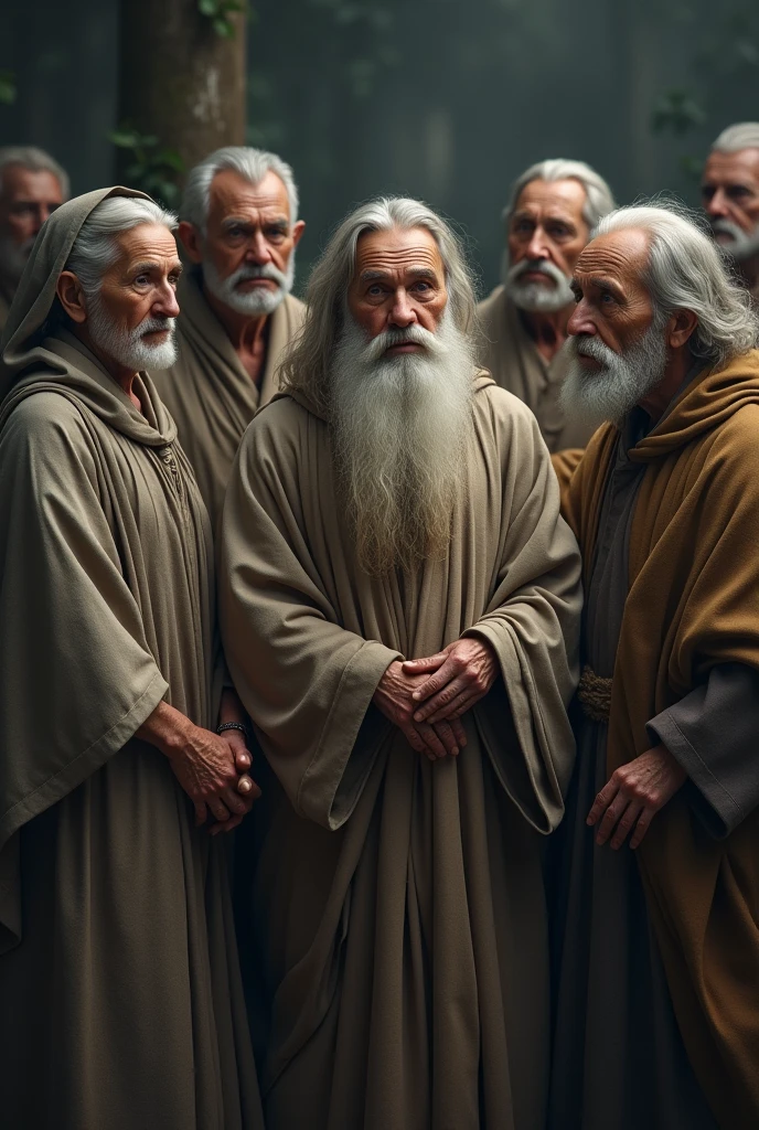 Seven wise old men and women of different ethnicities, being three elderly and wise women, arranged in a harmonious semicircle. The figures are positioned in a balanced way, three on the left and three on the right, all with serene expressions that reflect the cultural diversity and wisdom accumulated throughout their lives. At the center, a mysterious and charming looking man stands out, with a long, well-kept white beard and a face deeply marked with wrinkles that tell stories of a life of immense knowledge. Their clear eyes radiate an almost mystical serenity, as if they held the secrets of the universe. Everyone wears simple cloaks, but elegant, that reinforces their aura of mystery and wisdom. The background of the image is enigmatic, evoking an atmosphere of mystery and depth, as if they were in a place where ancestral knowledge is preserved and shared.