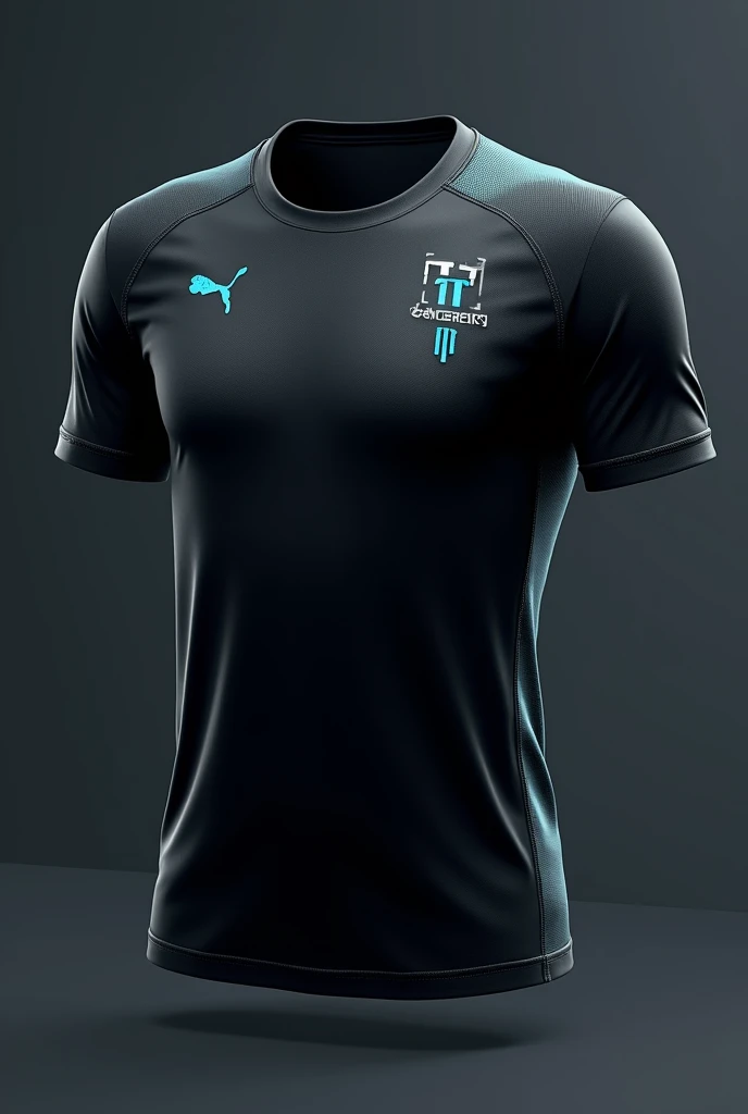 Design a professional sports jersey for the IT Engineering branch. The jersey should be predominantly black, representing professionalism and sophistication. Complement the black with subtle accents in a sleek, dark gray and a muted electric blue. The design should be clean and streamlined, with minimalistic geometric patterns that evoke a sense of modern technology. The jersey should feature a refined, athletic cut with a focus on functionality and comfort. Include the IT Engineering logo prominently on the chest, ensuring it integrates smoothly into the design. The overall look should be professional and sharp, suitable for representing the IT Engineering branch in sports while maintaining a high-tech, contemporary edge."