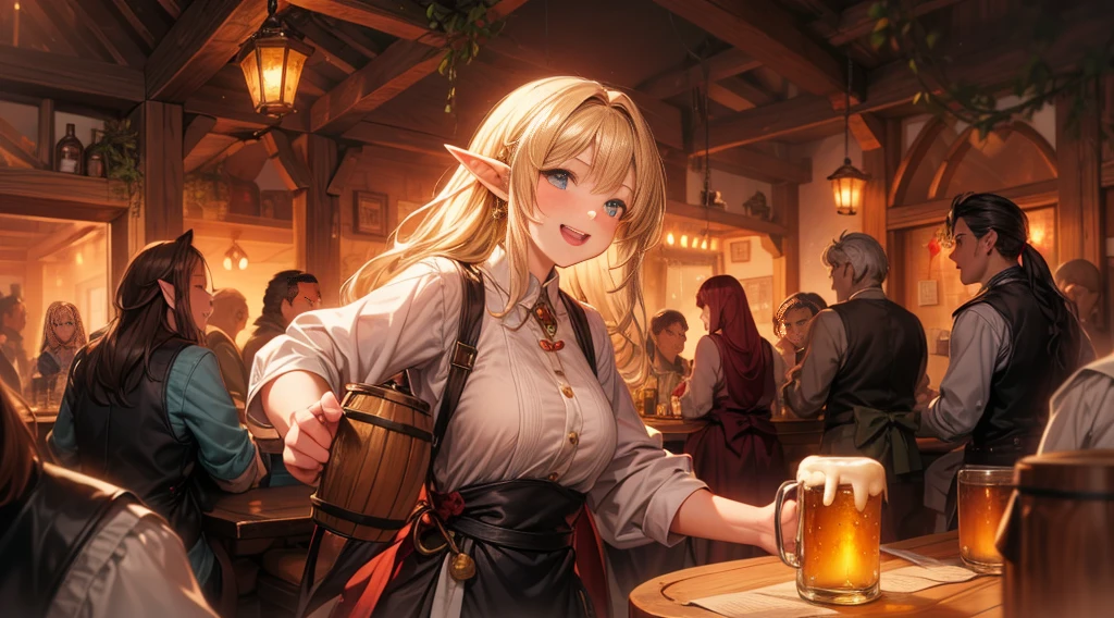 An illustrated scene set in a lively fantasy tavern at twilight. The focus is on a cheerful elf waitress, a young woman with long flowing hair and pointed ears, wearing a traditional tavern outfit. She is smiling warmly as she carries a large tray of mugs filled with beer, distributing them to a diverse group of patrons gathered around a round wooden table. The background shows a bustling tavern filled with various races, including humans, dwarves, and elves, all engaged in lively conversation. The setting is cozy, with a warm glow from lanterns and a large hearth, casting a soft, inviting light. The overall mood is vibrant yet warm, with a mix of soft browns, golds, and oranges to reflect the twilight hour.