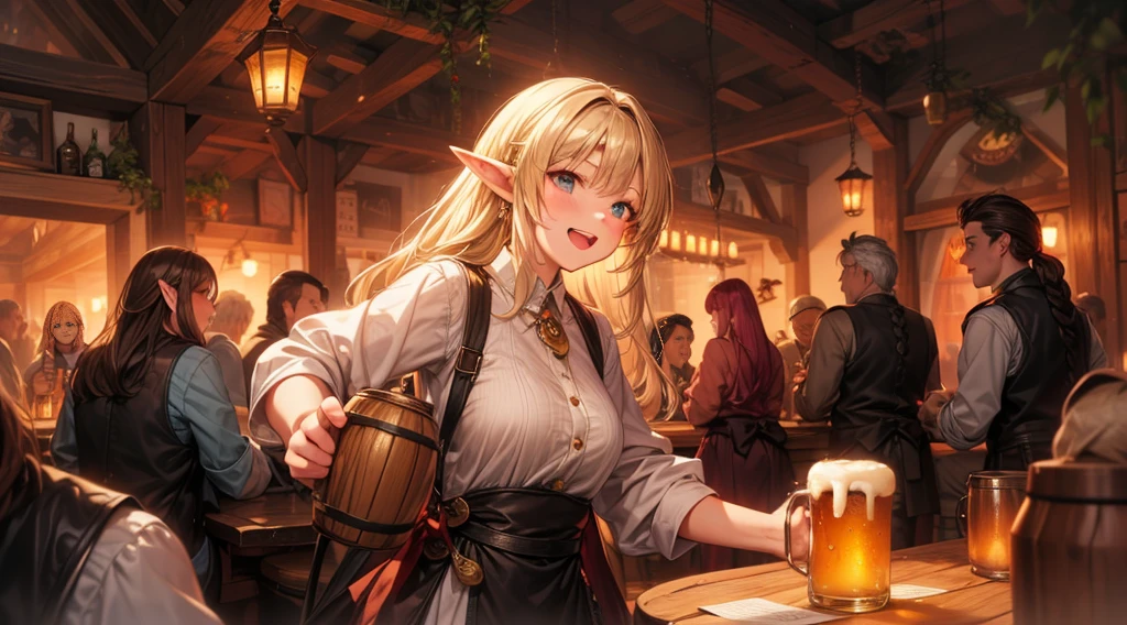 An illustrated scene set in a lively fantasy tavern at twilight. The focus is on a cheerful elf waitress, a young woman with long flowing hair and pointed ears, wearing a traditional tavern outfit. She is smiling warmly as she carries a large tray of mugs filled with beer, distributing them to a diverse group of patrons gathered around a round wooden table. The background shows a bustling tavern filled with various races, including humans, dwarves, and elves, all engaged in lively conversation. The setting is cozy, with a warm glow from lanterns and a large hearth, casting a soft, inviting light. The overall mood is vibrant yet warm, with a mix of soft browns, golds, and oranges to reflect the twilight hour.