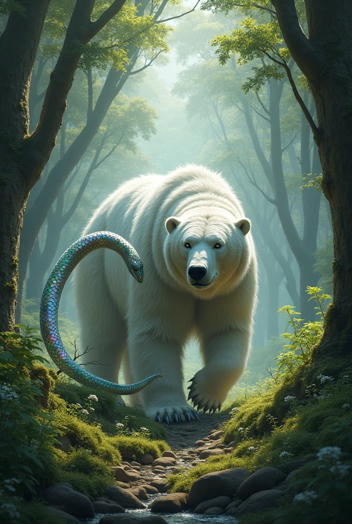 A big white bear with a scary snake tail in a forest