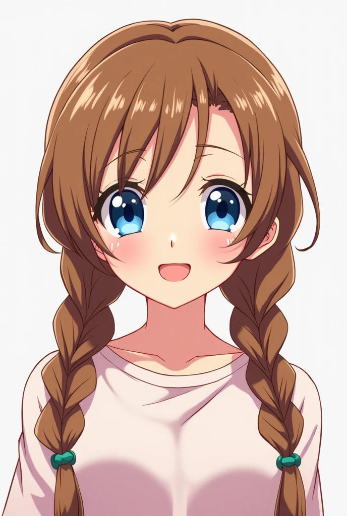 A girl in the style of the anime Hunter x Hunter
Similar to Killua with long braided brown hair
and blue eyes similar to Killua's more braids, she smiles more to resemble the anime style from the Hunter x Hunter anime
Without red cheeks and with two small ponytails on the sides and without red blush to resemble Killua with brown hair dressed in Killua's clothes with brown hair dressed in a white blouse on top with a pale pink t-shirt