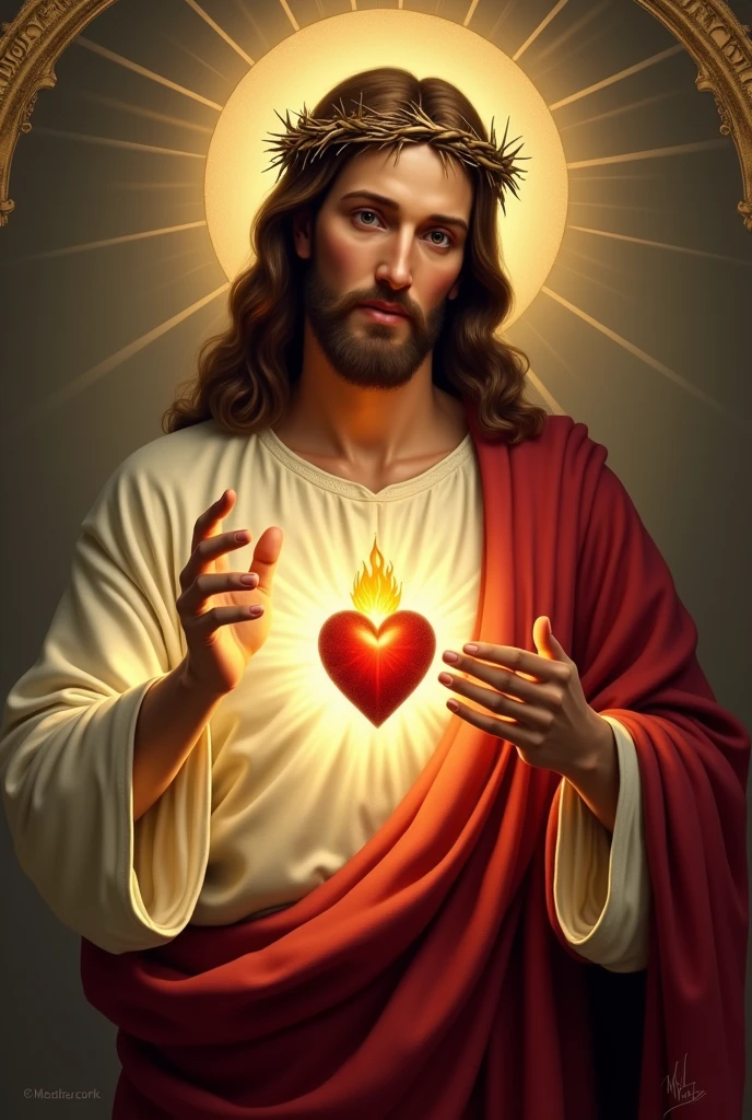 In this sacred image, Jesus Christ is portrayed with a tender and loving expression. Their head is usually moderately inclined and their eyes forward exude compassion and serenity. He is depicted with his right hand raised in victory and his left hand placed over his heart. (hands with five fingers)

The Sacred Heart itself is central to the image, visible prominently on Jesus' chest. It is often shown as a realistic, flaming heart surrounded by a crown of thorns. The flames are depicted as extended and intense, symbolizing Christ's fervent love and divine zeal. The crown of thorns that surrounds the heart signifies Jesus' suffering and sacrifice, as well as the redemption offered through his pain.

Jesus is typically dressed in a robe, which is often depicted in deep, rich colors such as red or white, symbolizing purity and sacrifice. The robe is often adorned with a sash or cord, adding to the overall majestic appearance. The background of the image may vary, but is commonly depicted with a soft, glowing light or radiant aura that emphasizes the sacredness of the scene.

Additional elements may include the depiction of rays of light emanating from the Sacred Heart, symbolizing divine grace and love extending to all humanity. The image can also be framed by various religious symbols or inscriptions, often conveying messages of faith, hope and love.

Overall, the Sacred Heart of Jesus is a powerful and evocative image, rich in the religious and imbued with deep spiritual meaning.