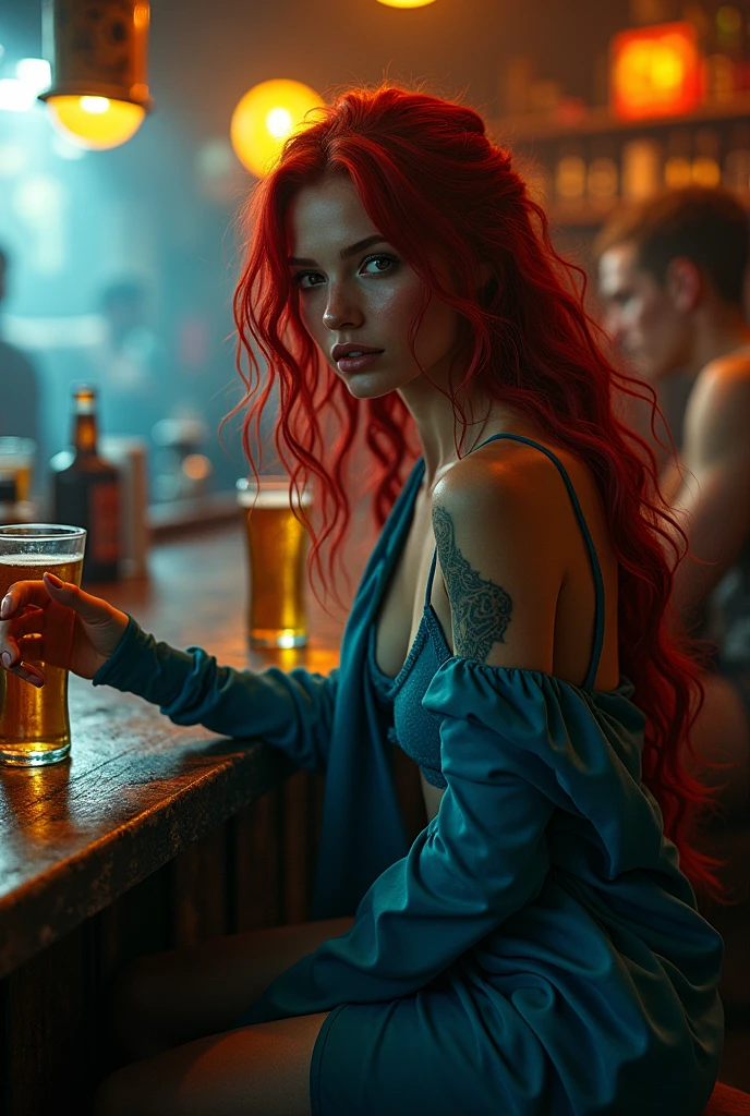 Red-haired snake woman,drinking beer at the bar,with blue clothes