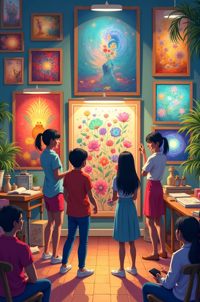 Various settings like homes, offices, and public spaces with Mousumi’s colorful art prominently displayed, people admiring her work.
Despite her success, Mousumi remained deeply connected to her friends.