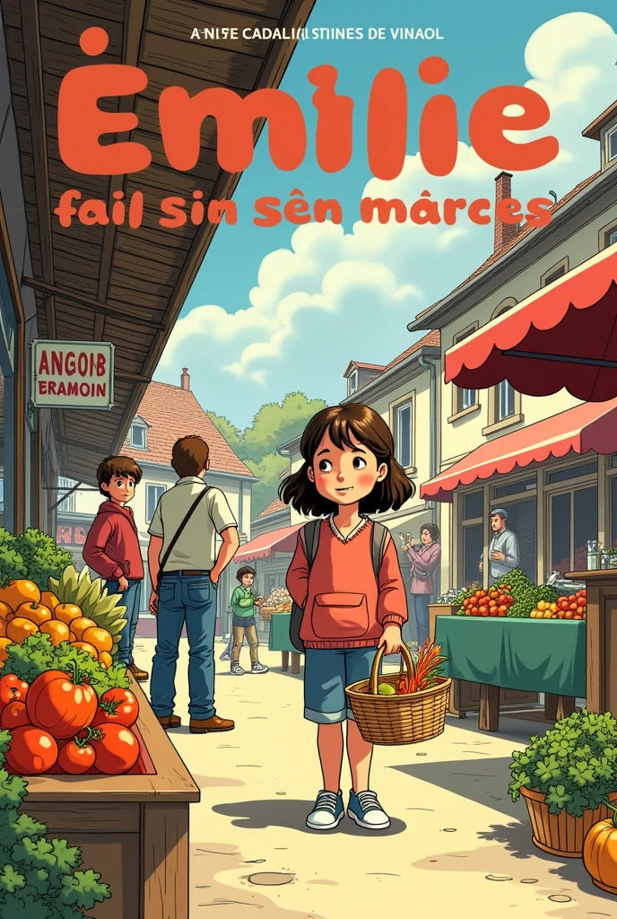 créer une couverture de bande dessinée , type bande dessiné des Martine de casterman en 1970 de gabriel Delahaye. on voit une de 8 ans faire le marché avec des legumes et des vendeurs autour spus une hall sur la place.
ECRIRE le titre de la couverture " Emilie fait son marché à Entre-Deux-Guiers " + " Le Vendredi" ECRIRE.