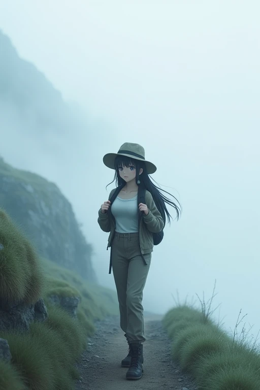 From front,masterpiece,HDR,illustration,Anime,bokeh,1 girl,black hair,big breasts,earring,jacket,long pants,safari hat,backpack,She looks up,She grabs the shoulder straps of her backpack,White thick fog,The whole area is covered with white fog,morning mist,mountain trail