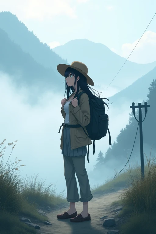 From front,masterpiece,HDR,illustration,Anime,bokeh,1 girl,black hair,big breasts,earring,jacket,long pants,safari hat,backpack,She looks up,She grabs the shoulder straps of her backpack,White thick fog,The whole area is covered with white fog,morning mist,mountain trail