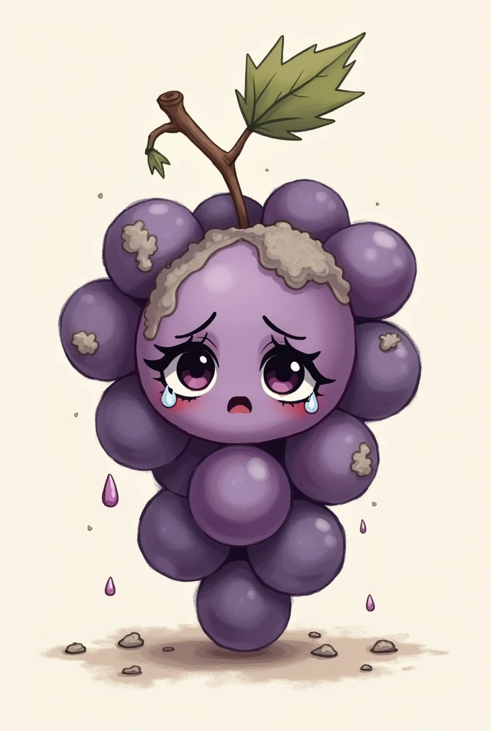 cute and lovely drawing of a bunch of grapes with gray mold on it, must have a sad face crying and