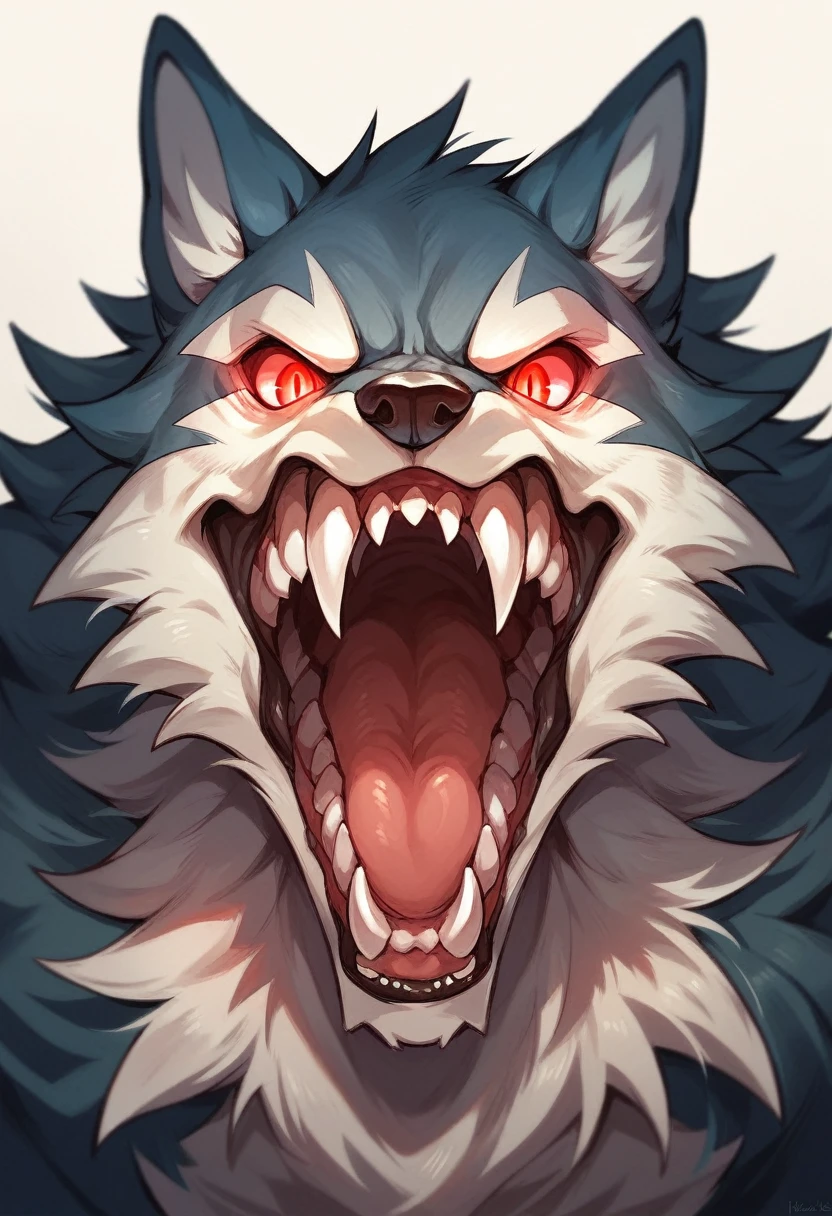 solo, open mouth, red eyes, teeth, pokemon (creature), no humans, glowing, fangs, sharp teeth, glowing eyes, wolf