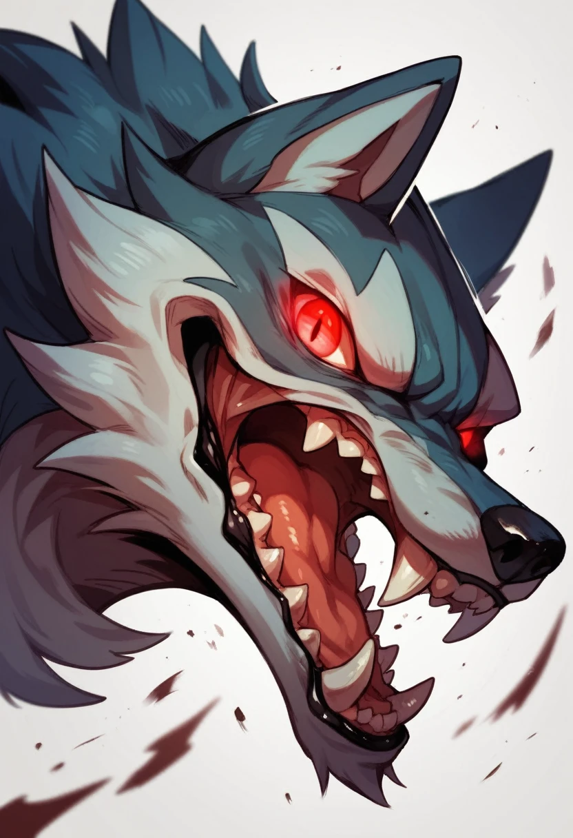 ((By Bebebebebe, by Zackary911, by K0BIT0WANI, by SpiritD, best quality, masterpiece, perfect anatomy, detailed picture)), 1male, skinny muscular, adult, wolf, dark blue furs, tail, dark purple eyes, focus in face, covered in blood on the face, bruised, pissed off, showing his smile sharp teeth, panting