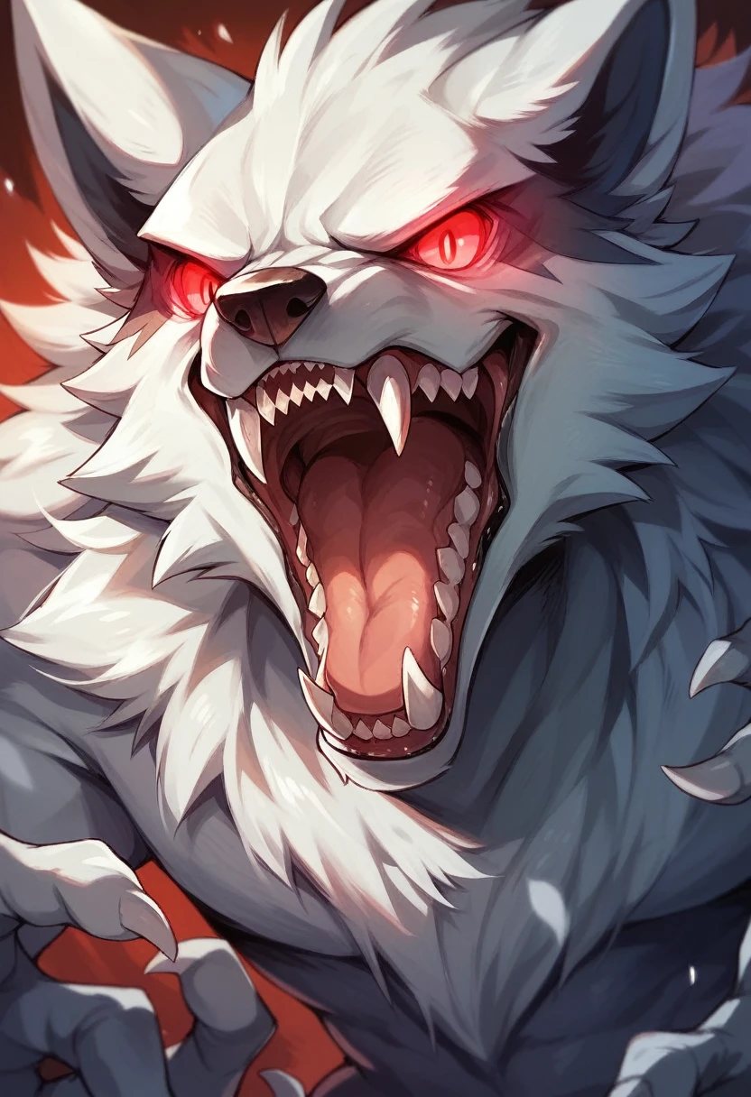 A tiny white wolf is sleeping on the tongue inside the mouth of a larger black anthropomorphic wolf. The larger wolf has red and blue ears, red eyes, a pink tongue with saliva, a blue nose, blue paws, and is wearing a cape.