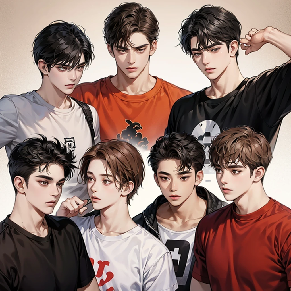 Four boys, black hair, brown eyes, brown background, high resolution, brown hair, stand in a line.., Wear a t-shirt, shut your mouth, handsome, cool,มองตรง,