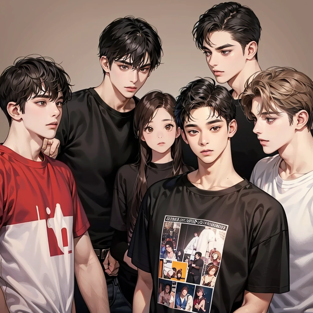Four boys, black hair, brown eyes, brown background, high resolution, brown hair, stand in a line.., Wear a t-shirt, shut your mouth, handsome, cool,มองตรง,