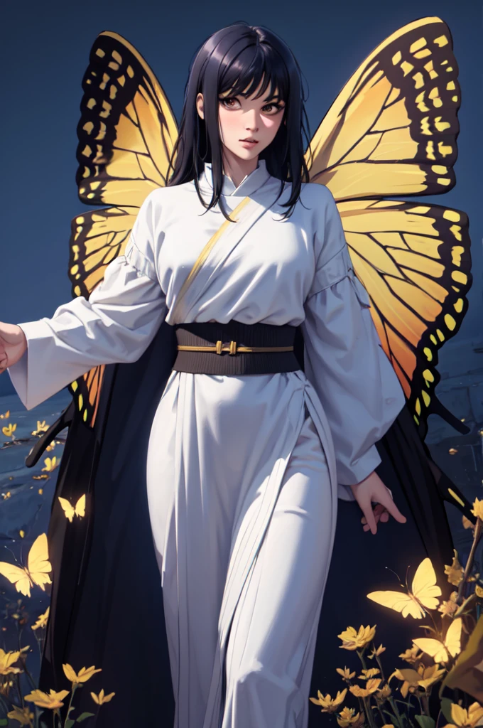 work of art, best qualityer, ultra detali, 1 girl, aged up_High above, standing alone, looking ahead at viewer, you,  Bblack hair, long blonde hair, Greek costume, close-High above, butterfly wings