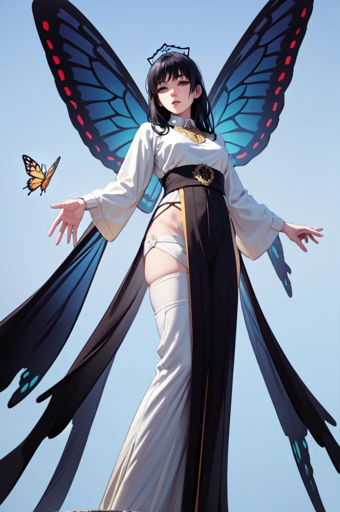 work of art, best qualityer, ultra detali, 1 girl, aged up_High above, standing alone, looking ahead at viewer, you,  Bblack hair, long blonde hair, Greek costume, close-High above, butterfly wings