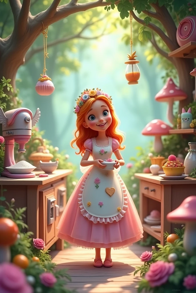 Imagine a Disney princess character in an enchanted forest kitchen setting:
colors: She uses soft and pastel shades like pink, lila, mint and yellow.
outfit: wear an adorable baking apron with details like small cakes and cupcakes. Her dress is light and airy, in pastel tones.
around: The kitchen is in a magical forest, with trees that have branches that serve as shelves for baking utensils. There are bright flowers and mushrooms that act as furniture.
Accessories: use a magic mixer with wings, and a small oven that seems to be made of wood with shiny details. There are floating ingredients around, like flour and powdered sugar.