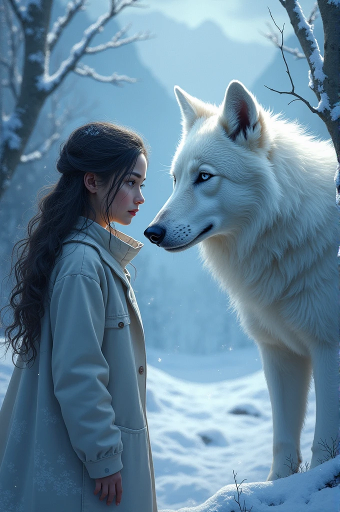 Create a book cover for a story entitled "The White Wolf" include a age girl and a wolf in the cover