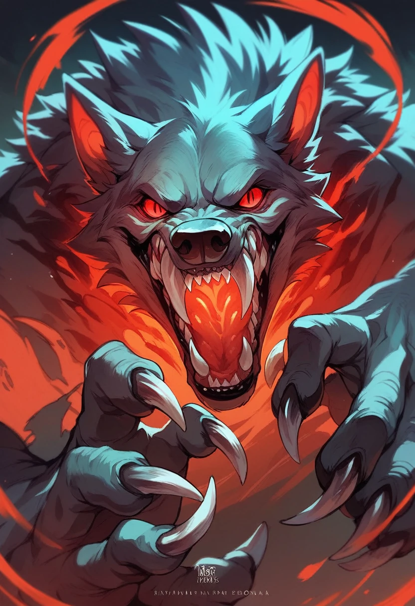 open mouth, red eyes, teeth, no humans, copyright name, glowing, fangs, watermark, sharp teeth, claws, monster, wolf