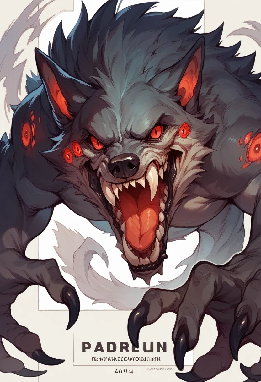 open mouth, red eyes, teeth, no humans, copyright name, glowing, fangs, watermark, sharp teeth, claws, monster, wolf