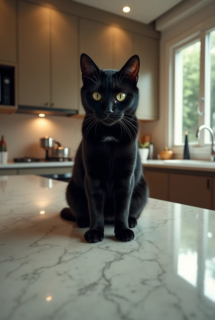 Imagine a modern kitchen with a breakfast bar. The bar is made of a shiny material, Like marble or granite, and is equipped with some high chairs. On the corner of the bar, there is a black cat with glossy fur and intense eyes. The cat is in an upright posture, with its front paws resting on the bar and its back ones on the edge. Its body is slightly leaning forward as it urinates, and the liquid is falling onto the surface of the bar, Creating a small puddle. In the background, there may be some kitchen utensils and a typical kitchen environment with cabinets and appliances.