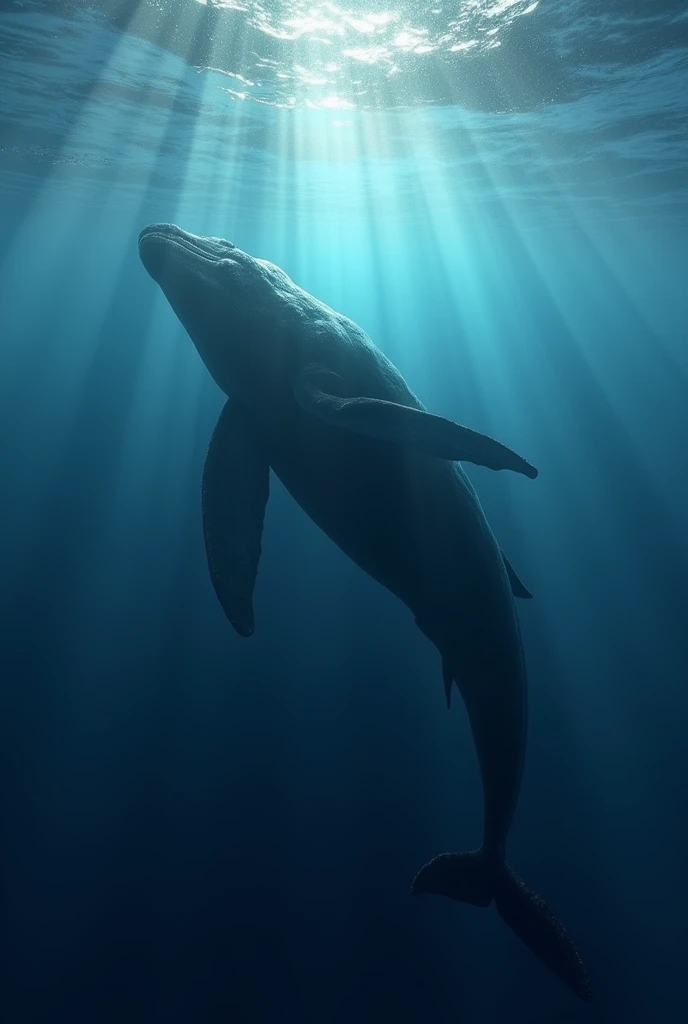 The silhouette of a whale beneath the water's surface, modern day, in the open ocean, one half of its brain glowing faintly to indicate activity, with rays of sunlight penetrating the water, wide shot, hyper-realistic, photo realism, cinematography --ar 9:16.