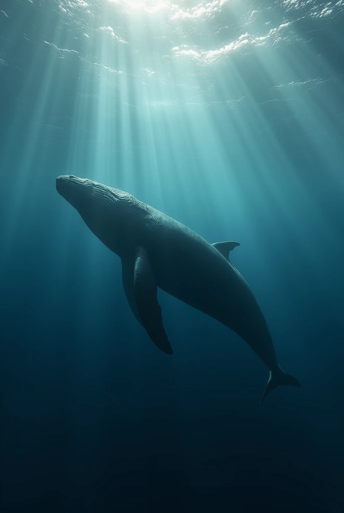 The silhouette of a whale beneath the water's surface, modern day, in the open ocean, one half of its brain glowing faintly to indicate activity, with rays of sunlight penetrating the water, wide shot, hyper-realistic, photo realism, cinematography --ar 9:16.