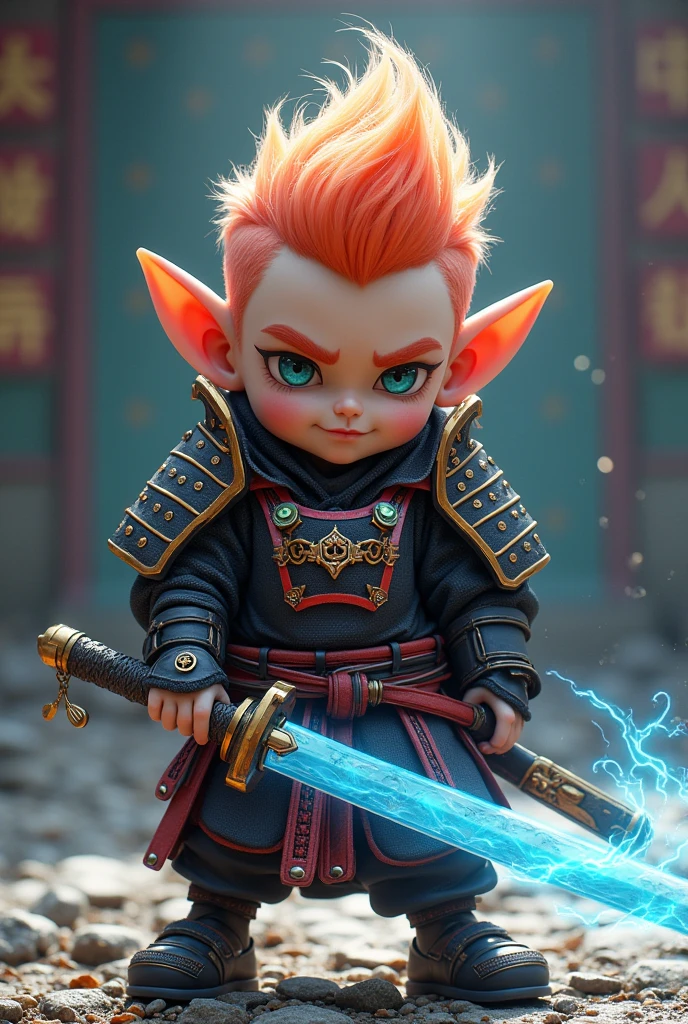 Create a Young Samurai Gnome Man , with futuristic and medieval samurai clothes, colored hair, and average height, with a great aura of power on his sword