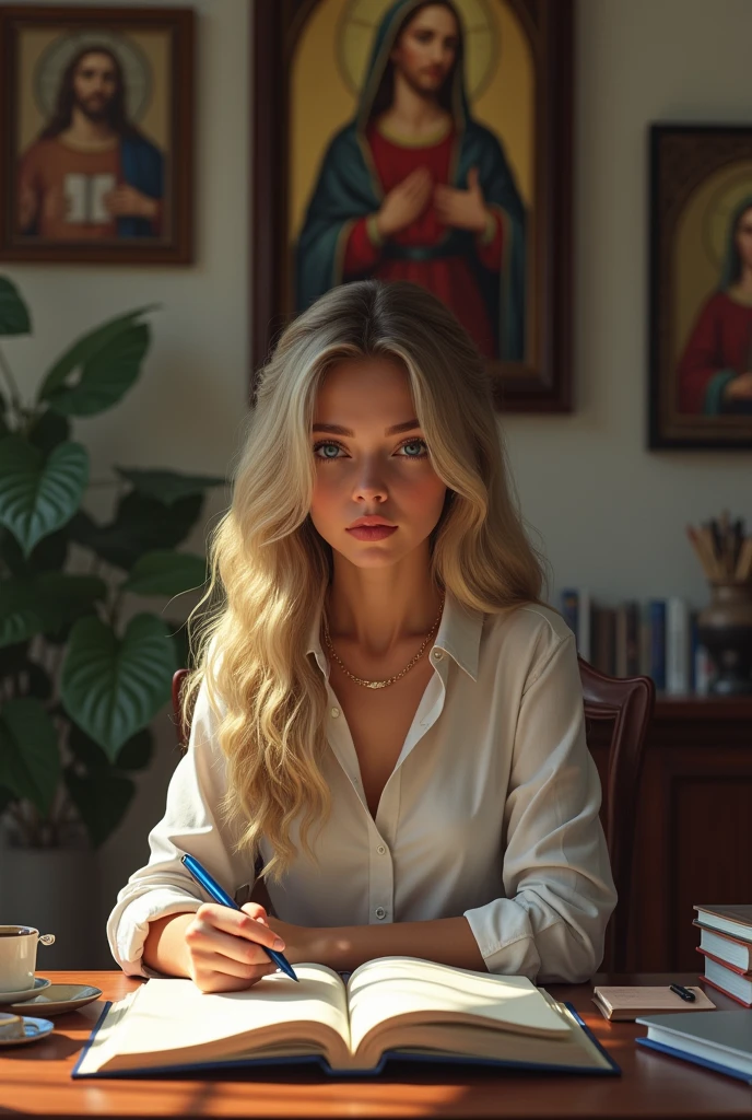 A Brazilian woman, law student, with not very short hair with blonde highlights and blue eyes, studying at the desk with Jesus and Mary ( Our Lady )

