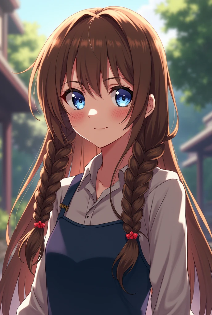 A girl in the style of the anime Hunter x Hunter.
Similar to Killua with long braided brown hair and blue eyes, similar to Killua's, more braids, smiling more to resemble the anime style from the Hunter x Hunter anime.
Without red cheeks and with two small ponytails on the sides and without red blush to resemble Killua with brown hair. Dressed in Killua's clothes with brown hair dressed in anime clothes.